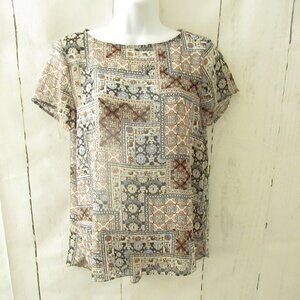 J Jill Top XS X Small Floral Patchwork Sheer Short Sleeve